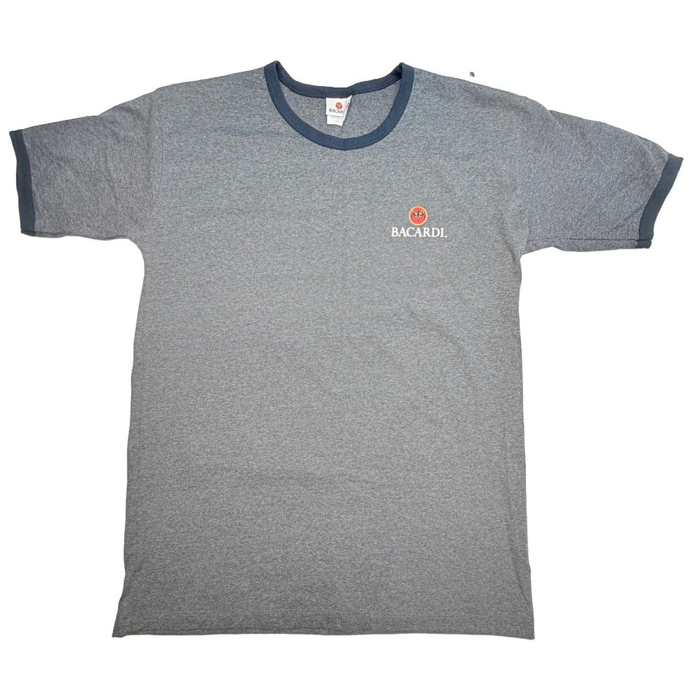 Vintage Bacardi Ringer T-Shirt Gray Embroidered Logo Adult Large Bar Brewing Rum